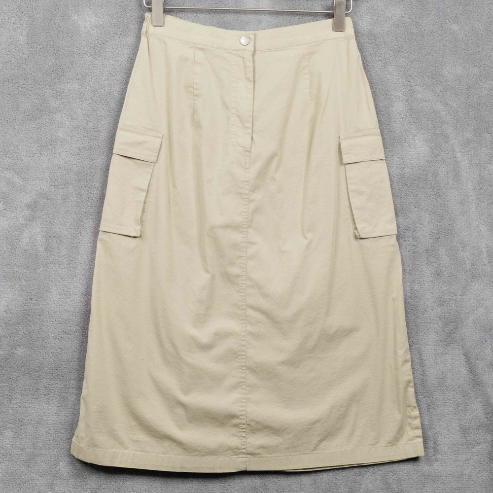 VTG 90s Y2K Cargo Utility Midi Skirt Tan Khaki Cotton‎ Stretchy Sz S
